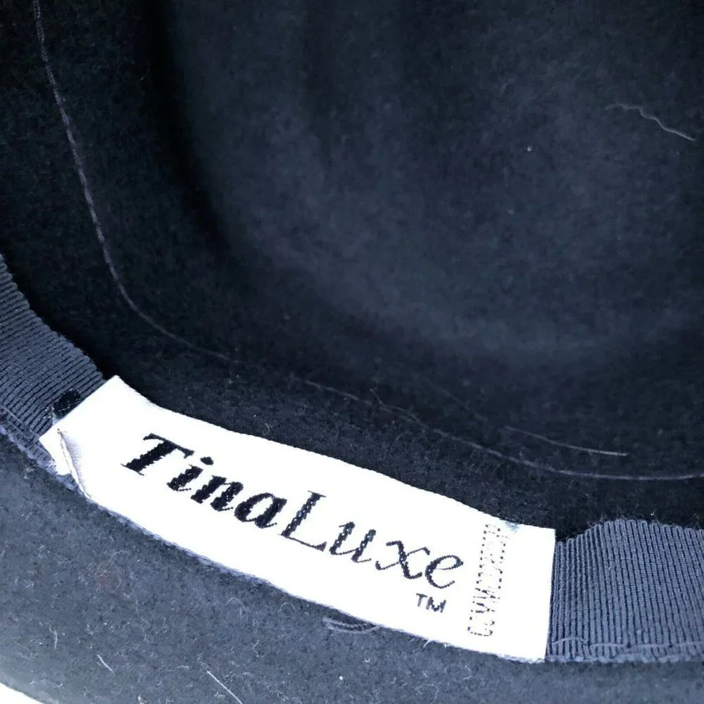 TINA LUXE Commodore Floral Wide Brim Fedora Hat Women's Black 100% Wool Cap‌‌